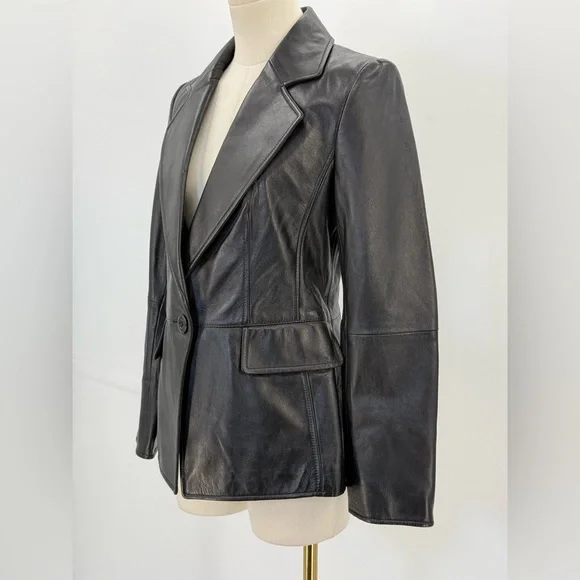 Ellen Tracy Genuine Black Leather Blazer Jacket Tailored Fit Single Button SZ 2 - Picture 3 of 14